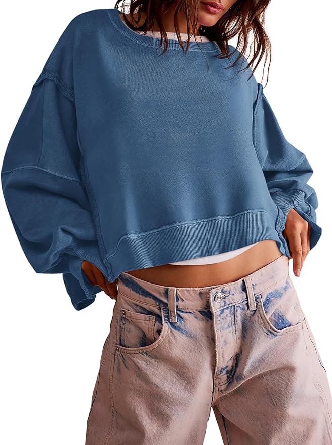 Zwurew Womens Casual Sweatshirt Cropped Shirts | Loose Fit, Tee Top, Pullover, Crop Hem, Design Trim, Daily Tops