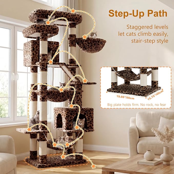 Heybly Cat Tree, 71-Inch-Tall Tower for Indoor Cats with 2 Perches HCT034BW | Large Cat Furniture with 2 Big Condos, 2 Hammocks, Basket, Scratching Pad, Multi-Level Cat Condo, Leopard Print