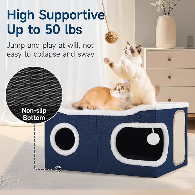 Shikha Extra Large Cat House Bed for Multi Cats with Scratch Pad Blue | 24 x 17.7 x 12.6 IN Widen Cat Cave Cube for Multi Pets, Foldable, Arc-Edge Design, Oval Door, All Seasons Reversible Cushion