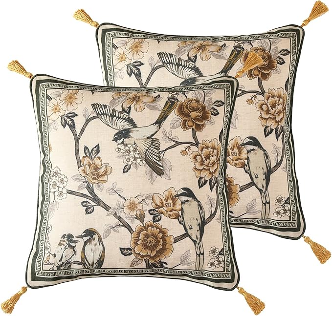 Vintage Linen Square Throw Pillow Cover,Set of 2,18"x18"-Murad A | Designer French Decor Pillow Cover,Concealed Zipper Design,Floral and Bird Pattern,Sofa,Bedroom,Living Room,Lounge Chairs
