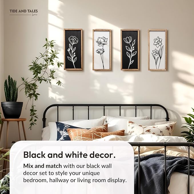 3D Black and White Wall Art (Set of 2) Lightweight, Wooden Ready-to-Hang Framed Floral Wall Art for Bathroom, Bedroom, Living Room or Office – Boho Botanical Farmhouse Decor – Gift-Boxed