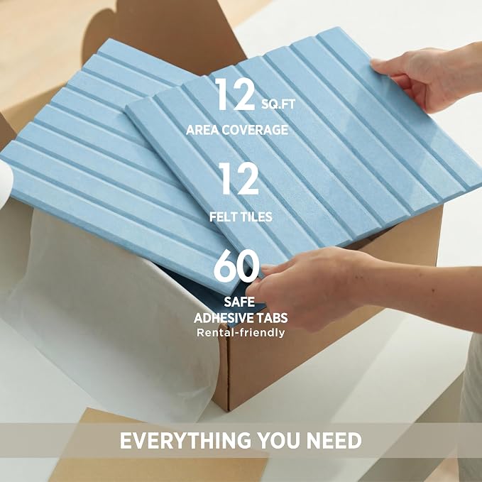 Felt Bulletin Board Tiles 48"x36" - 12-Pack Cork Board Alternative, OEKO-TEX Certified, NRC 0.95 Acoustic Wall Panels, Damage-Free Adhesive, Slatted Design, Home Office & Classroom (Baby Blue)
