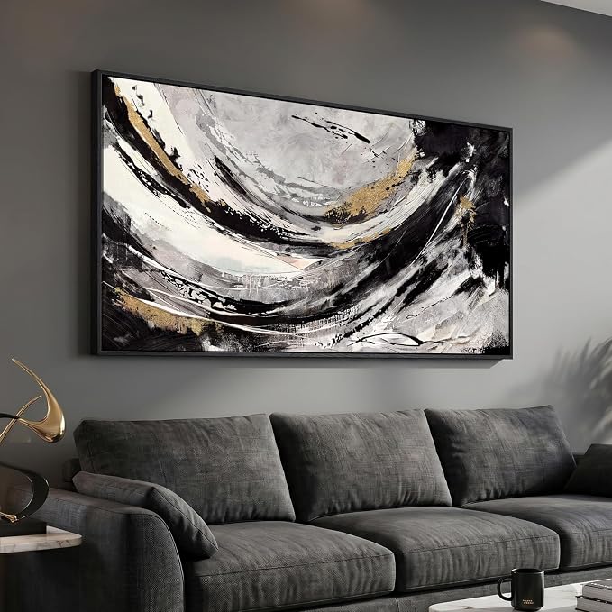 Large Framed Abstract Wall Art for Living Room, Horizontal Black Gold and White Canvas Painting Print Artwork for Walls, Modern Neutral Minimalist Pictures for Bedroom Office Wall Decor, 30x60 In