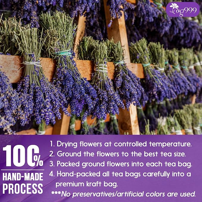 TOG999, Premium 60 Lavender Flower Tea Bags, 100% Natural & Pure. Loose Flower Lavender Herbal Tea. No Sugar, No Caffeine, No Gluten, Vegan.