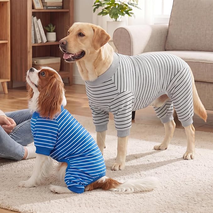 XPUDAC 4 Pack Dog Pajamas Striped Dog Clothes for Small Medium Dogs Girl Boy Comfy Puppy Outfit Doggy Jammies Onesie Pet Costume, Blue, Grey, Green, XL