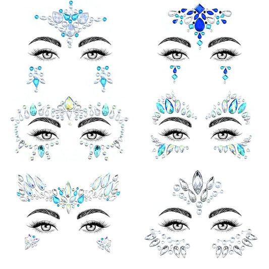 SAOROPEB Face Gems - 6 Sets Mermaid Face Jewels Temporary Tattoo Stickers Acrylic Crystal Glitter Stickers Waterproof Eye Gems Stick On Rainbow Tears Rhinestone for Party, Rave Festival