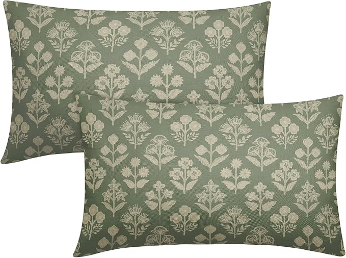 Sage Green Pillow Covers 12x20 Inch Set of 2, Cream Floral Block Print Pattern Lumbar Decorative Throw Pillowcases Outdoor Farmhouse Rectangle Cushion Covers Spring Summer Sofa Couch Bed Decor