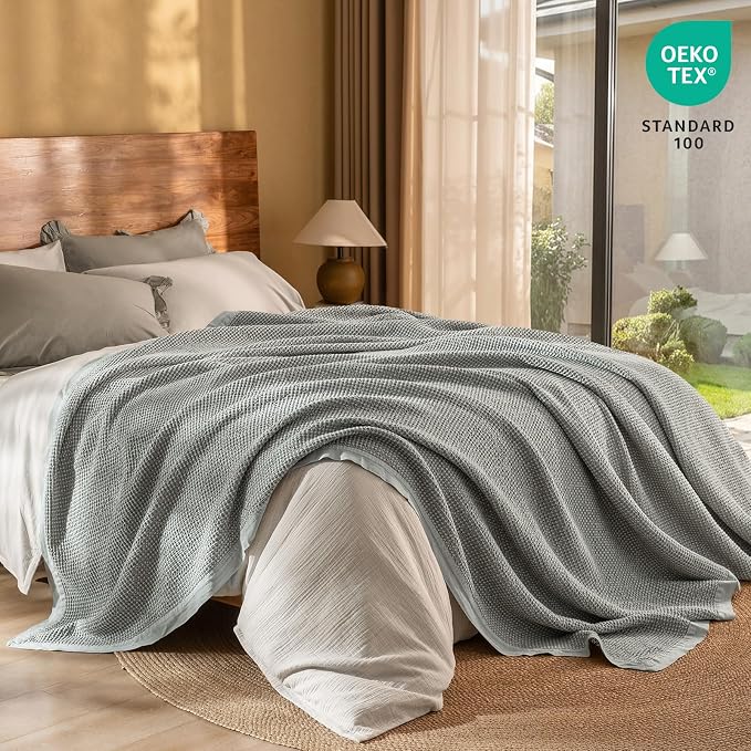 PHF Stone Washed 100% Cotton Waffle Blanket, Vintage Deep Honeycomb Texture, Breathable Thermal Blanket for Bed & Home Decor, All Season Layering - King, Frosted Grey