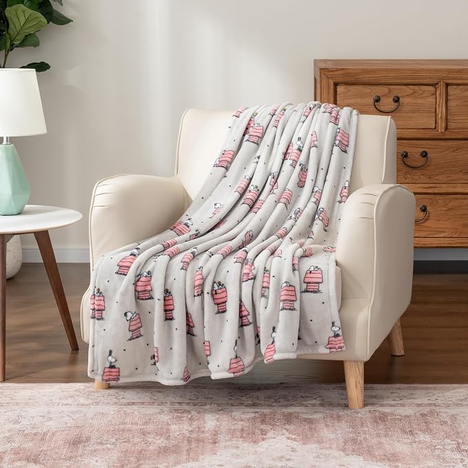 Berkshire Blanket Peanuts® VelvetLoft® Cute Character Snoopy Plush Oversized Throw Blanket, Peanuts Regular Snoopy Dog House Poses & Polka Dots Grey (50in x 60in)