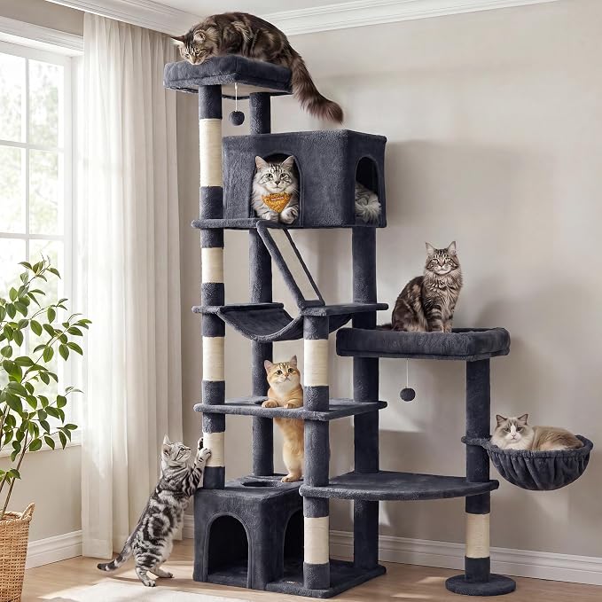Feandrea 74.1-Inch Cat Tree Tower for Indoor Extra Large Cats, with Scratching Posts, Scratching Board, Multi-Level Design, Dark Gray UPCT016G201S