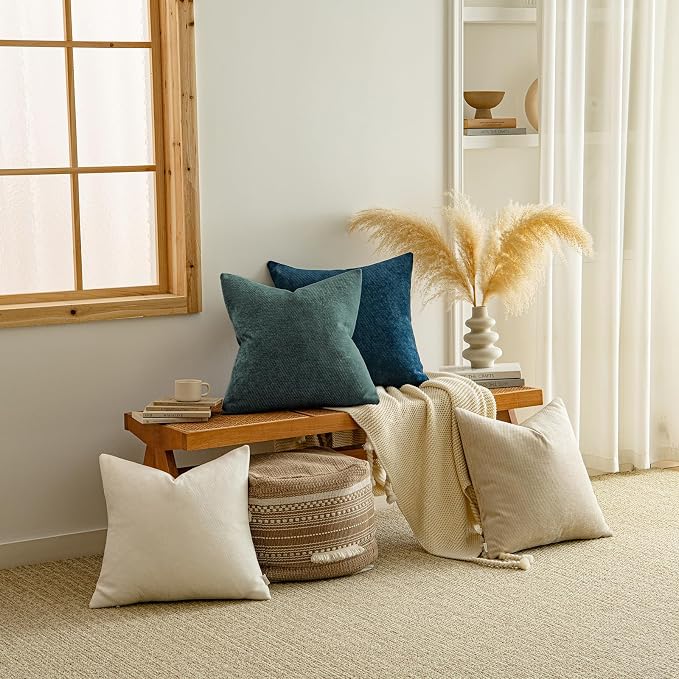 a moment Pack of 2 Decorative Chenille Throw Pillow Covers with Twill Cushion Covers for Sofa Living Room Couch Bed 24x24 Inch Dark Teal