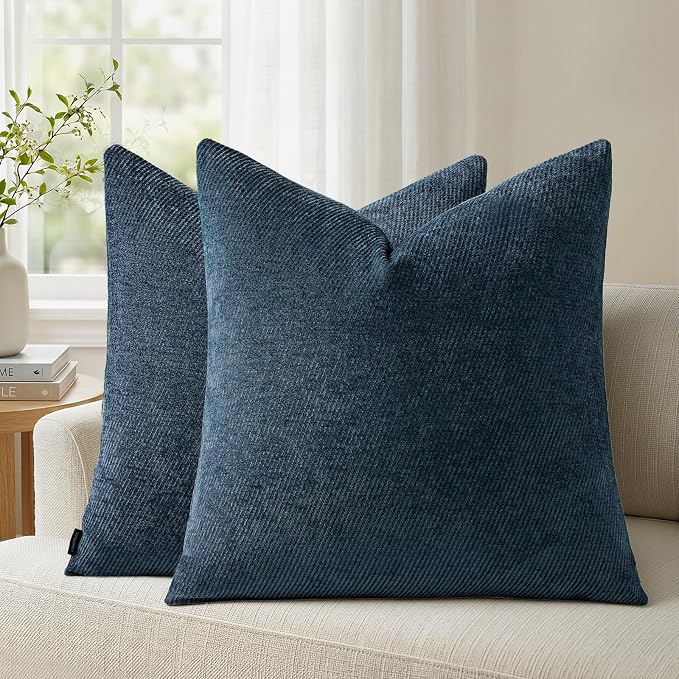 a moment Pack of 2 Decorative Chenille Throw Pillow Covers with Twill Cushion Covers for Sofa Living Room Couch Bed 22x22 Inch Blue