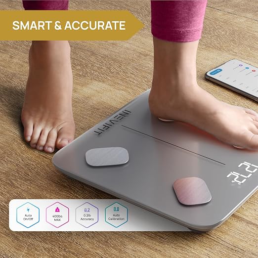 INEVIFIT Smart Body Fat Scale, Highly Accurate Bluetooth Digital Bathroom Body Composition Analyzer, Measures Weight, Body Fat, Water, Muscle, Visceral Fat & Bone Mass for Unlimited Users