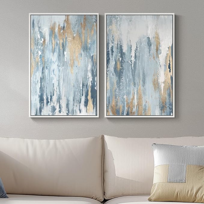 White Framed Blue and Gold Abstract Canvas Wall Art for Bedroom, Set of 2 Modern Minimalist Art Prints Paintings Artwork for Walls, Glitter Pictures for Living Room, Dining Room Wall Decor 16x24 In