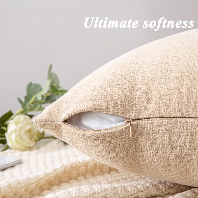 GAWAMAY Decorative Couch Throw Pillow Covers 18x18 Inch Set of 4 Beige | Soft Chenille Farmhouse Style, Hidden Zipper, Neutral Cushion Pillowcases for Sofa Living Room Bed, Only Covers