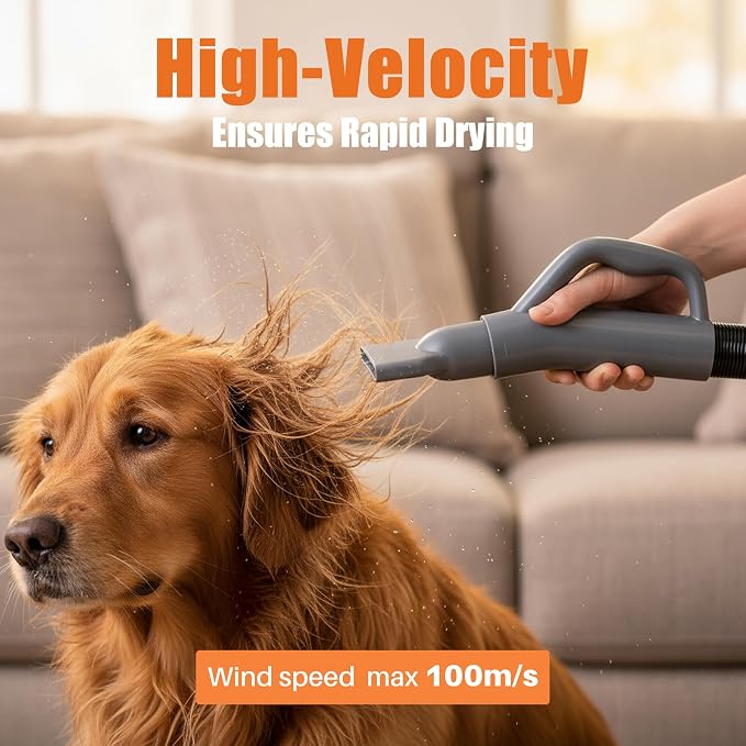 NEWBULIG Dog Hair Dryer with Heater for Grooming, Temperature Adjustable | 1550W High Velocity Speed Pet Blow Dryer with 4 Nozzles, Grey