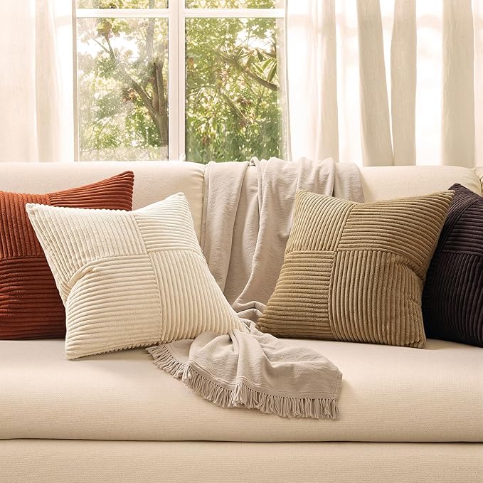 MIULEE Brown Beige Throw Pillow Covers 20x20 Inch Set of 4 Boho Farmhouse Cushion Cases for Livingroom Couch Bed Soft Corduroy Pillow Cases with Invisible Zipper Home Decor