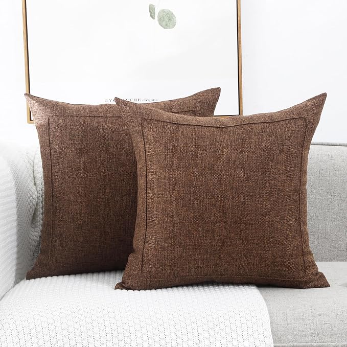 20x20 Inch Burlap Linen Throw Pillow Covers, Pack of 2 Decorative Farmhouse Rustic Neutral Pillow Covers Square Durable Cushion Cover for Sofa Couch Bed Home Decor, Dark Brown