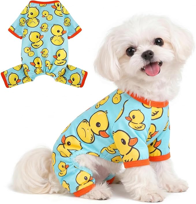 DaFuEn Dog Pajamas for Small Dogs, Soft Stretchy 4 Legs Puppy Jumpsuit, All Season Cozy Pet PJs for Chihuahua Yorkie Teacup Dogs, Cat Clothes (Blue Duck, XS)