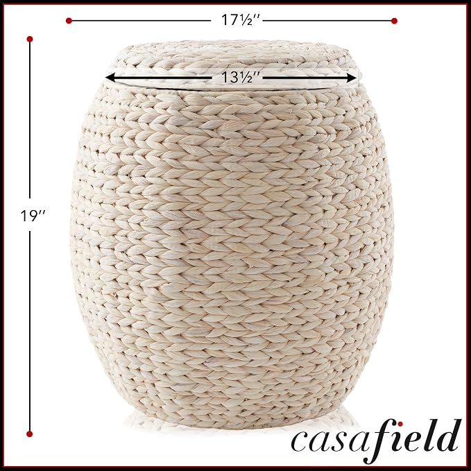 Casafield Round Storage Basket with Lid - Whitewash, Handwoven Water Hyacinth Organizer for Laundry, Blankets, Plants, Bedroom, Living Room, Office