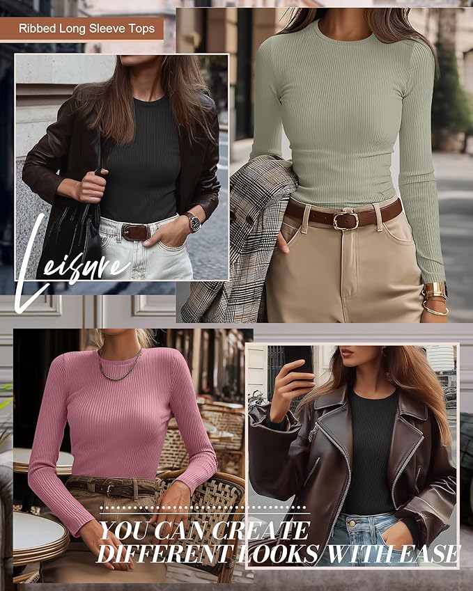 Ficerd 3 Pack Women's Ribbed Long Sleeve Tops, Crew Neck Slim Fit Undershirts Knit Basic Casual Stretch Layering Tee Shirts