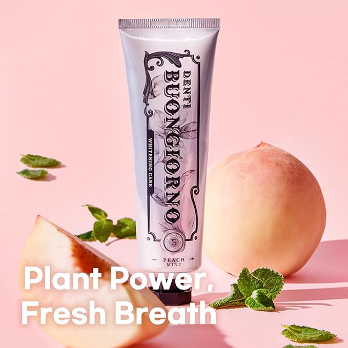 DENTI BUONGIORNO Peach Mint WHITENING Toothpaste (Peach Mint) – Fluoride Free, Advanced Hydrogen Peroxide for Coffee Stains & Yellow Teeth, Anti-Plaque & Enamel Safe, Paraben Free (3.52fl oz / 100g)