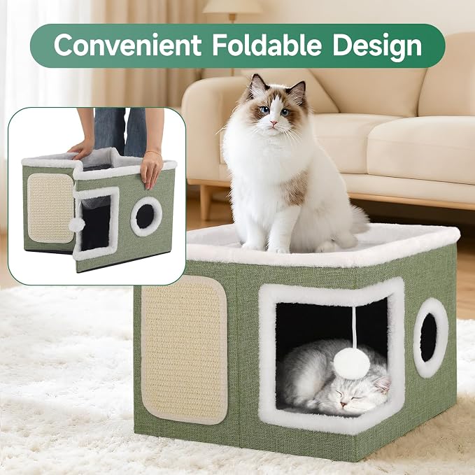 Shikha Cat House Bed for Indoor Cats with Fluffy Ball and Scratch Pad Green | Foldable Large Cat Cave Hideaway with Cozy Condo, Hide and Seek Window, Holds Up to 30LBS, All Season Reversible Cushion