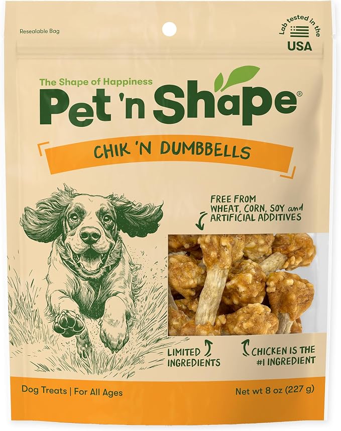 Pet 'n Shape Chik 'n Rice Dumbbells Dog Treats - 8 Ounce | Premium chicken breast, Rice recipe, Limited ingredients, Wheat and soy free, Bite-sized snack, For all life stages