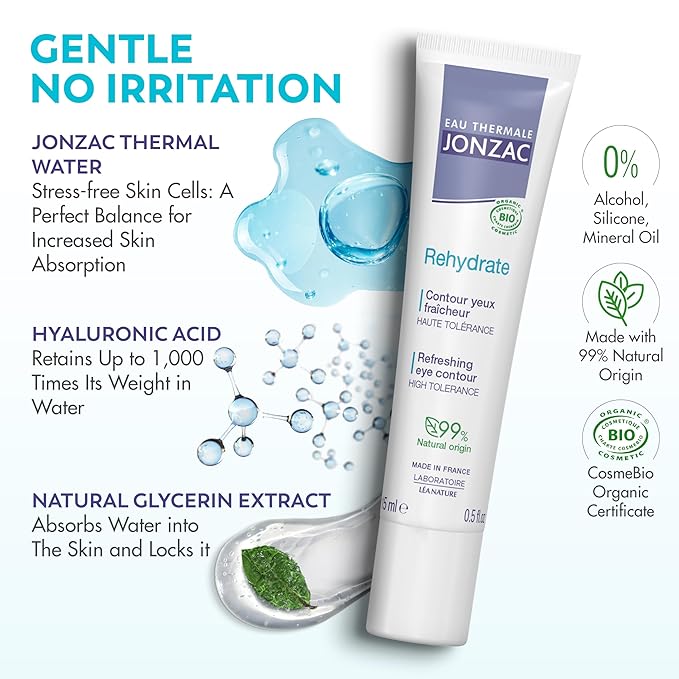 Eau Thermale Jonzac Rehydrate Organic Refreshing Eye Contour Cream - Soothing Hydration with Hyaluronic Acid For Dark Circles -For Sensitive Skin 0.5 Fl Oz