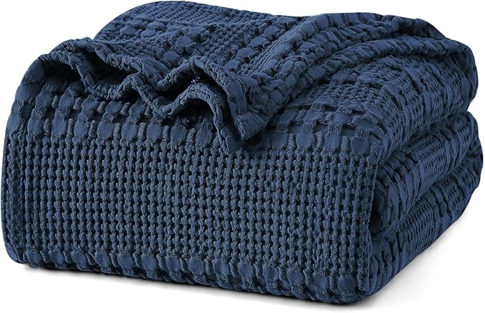 PHF 100% Cotton Waffle Blanket Twin Size, Lightweight Breathable Summer Blanket for Hot Sleepers, Pre-Washed Soft Layer for Bed, Dorm, Couch & Guest Room, Home Decor Gift, 66"x90", Blue Sapphire