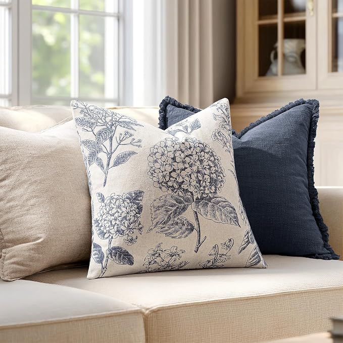 Set of 2 Decorative Floral Pillow Covers 22x22 Inch Navy Blue | Neutral Hydrangea Print, Boho Vintage Throw Cushion Covers, Cottagecore Home Decor, for Sofa Couch Porch Bedroom Living Room