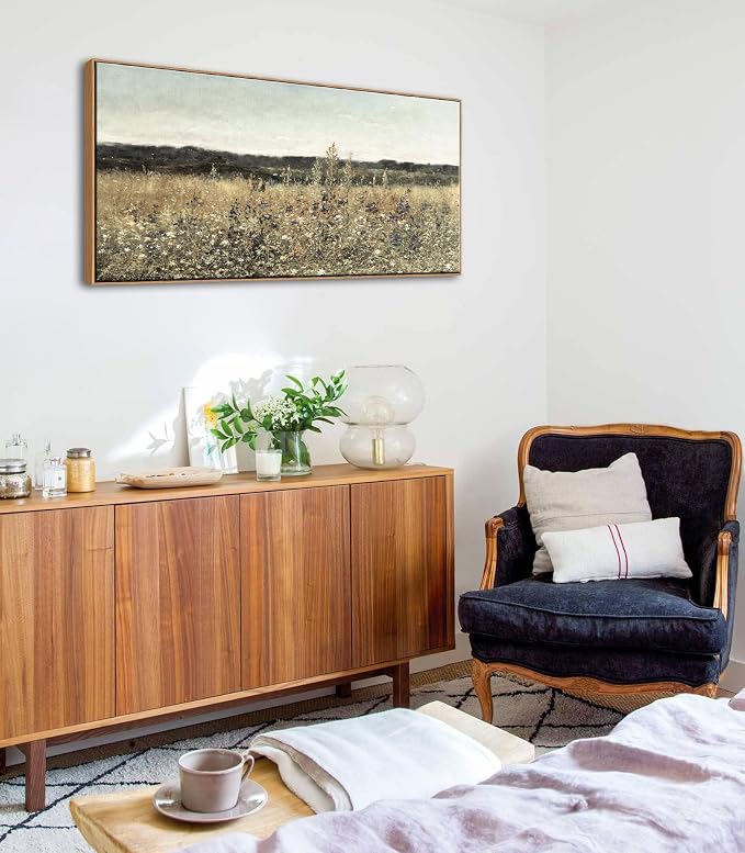 DJSYLIFE Framed Wall Art, Vintage Wildflower Field Canvas, 20x40 Inch | Classical Landscape Prints, Solid Wood Frame, Ready to Hang, Farmhouse Rustic Decor for Living Room, Bedroom