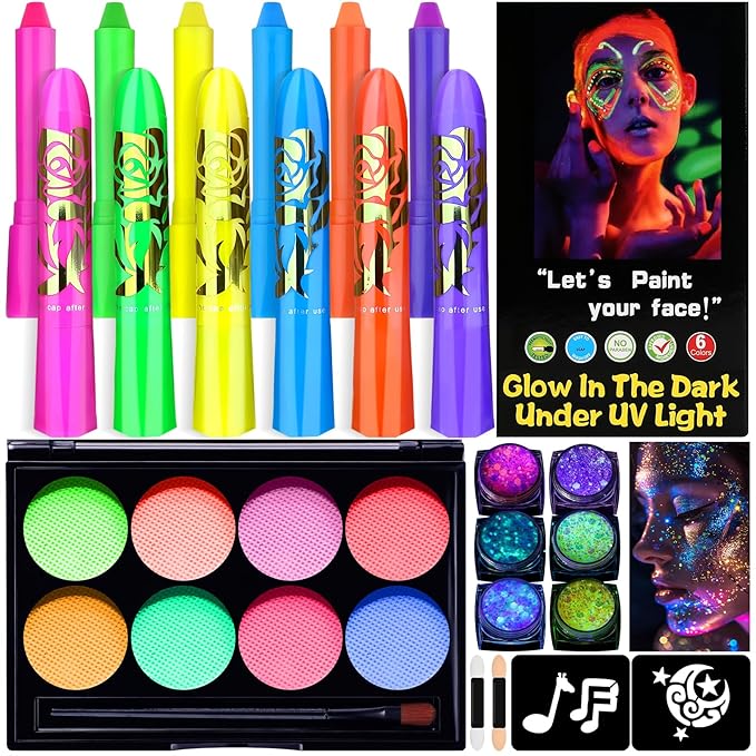 Neon Face Paint Glow in the Dark Face Painting Kit, U V Blacklight Face and Body Paint Makeup Glitter Gel Neon Paint Stick with Stencil for Halloween Party Cheer Raves Festival(Washable for Kid Adult)