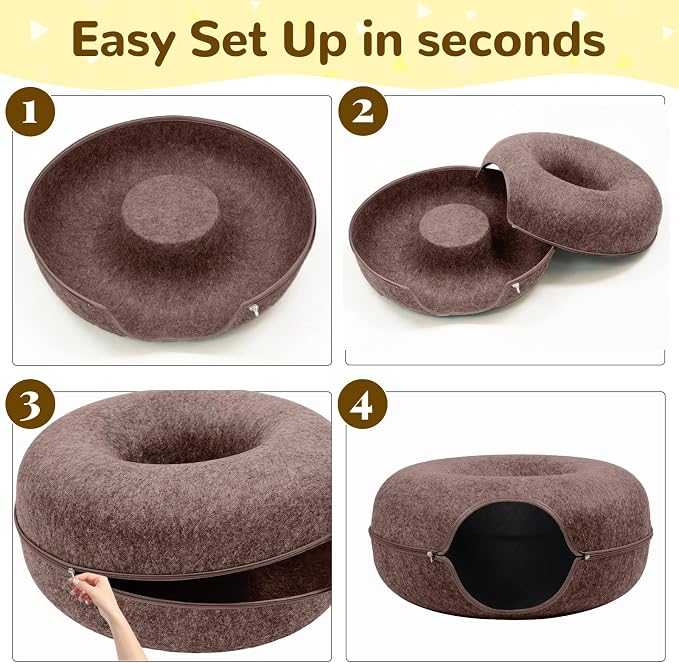 Cat Caves for Indoor Cats, Large Cat Tunnel for Multiple & Large Cats, Scratch Detachable Cave Bed, Kitten Donut Kitty Hideaway Up to 45 Lbs (Brown, Large, 1 Pack)