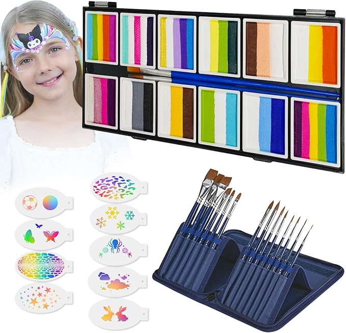 Anka Bella Professional Face Painting Kit for Kids,Rainbow Cake Face Paint with Stencil(12x10gm),Non-Toxic Water Based Face Paint Palette for Birthday Parties/Halloween/Carnival