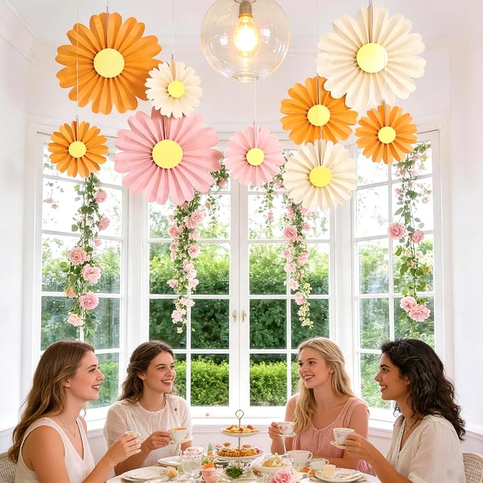SUNBEAUTY 10 Pcs Daisy Paper Flowers Decorations Pink and Orange Flower Party Decorations Paper Fans Decor Hanging Paper Fans for Birthday Wedding Baby Shower Spring Garden Party Bulletin Board