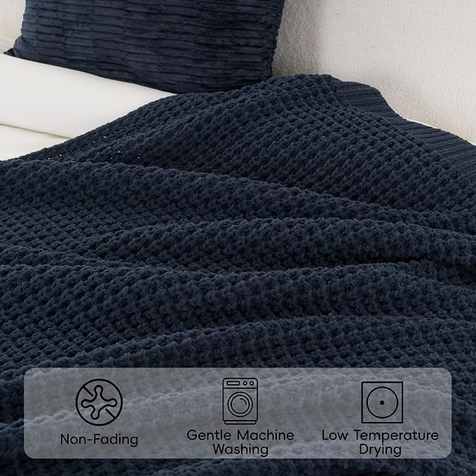 Navy Blue Throw Blanket for Couch, Chenille Knitted Blue Blanket 60''x80'' | Soft Cozy Chunky Knitted Blanket, Warm Thick Throw Blanket for Home Decor, Sofa, Men, Modern Farmhouse Style