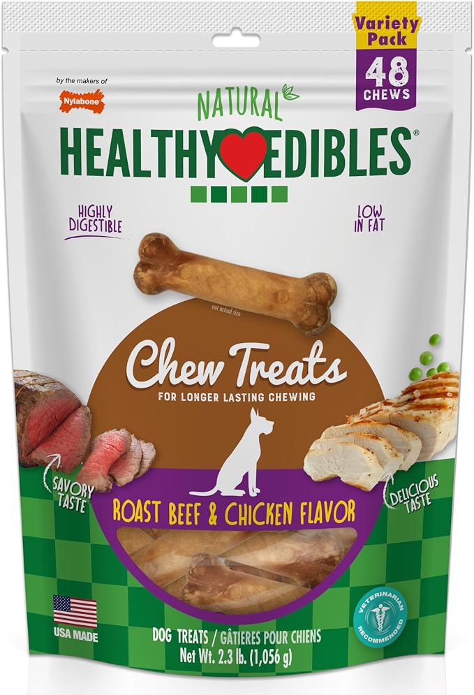Nylabone Healthy Edibles Dog Treats, Roast Beef & Chicken Flavor, 48 Count | X-small, roast beef & chicken flavor, natural dog chews, made in USA, long lasting chews for small dogs up to 15 lbs