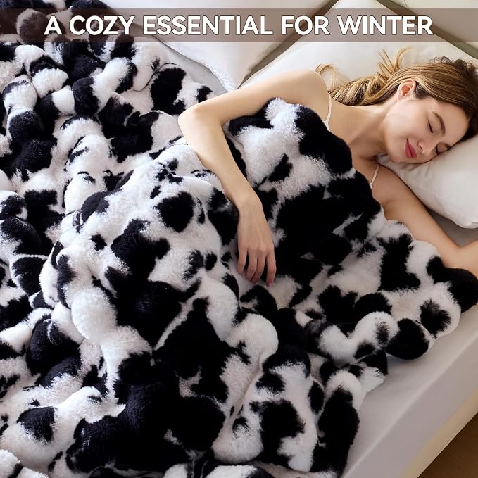 Anysay Faux Fur Throw Blanket, 1000GSM Fluffy Soft Bubble Blanket 50''*60'' | Cozy Plush Warm and Thick Blanket for Couch Bed, Fuzzy Rabbit Throw for Living Room Bedroom Cow Blcak