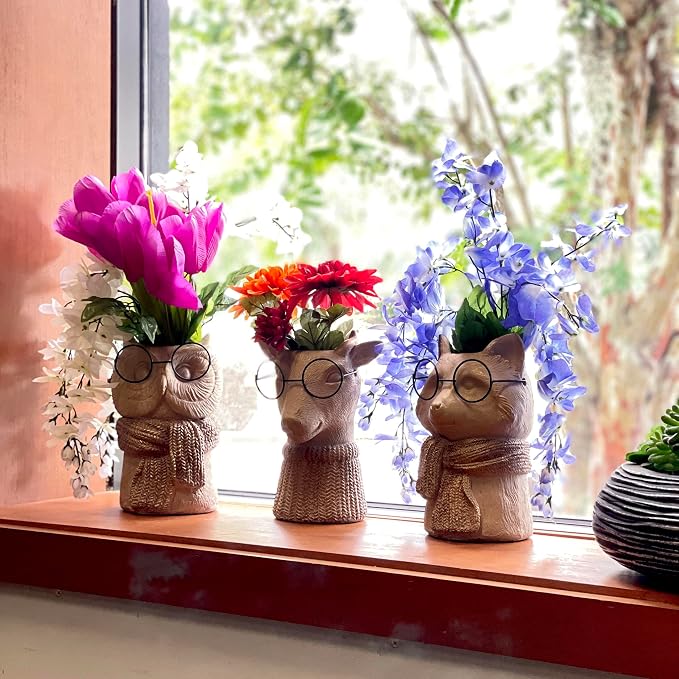 Owl Cement Vase, 8.25 Inch Bespectacled Woodland Planter | Horned Tufts, Distressed Taupe Finish, Real Black Wire Glasses, Gold-Brushed Knit Scarf, 2.75 Inch Opening