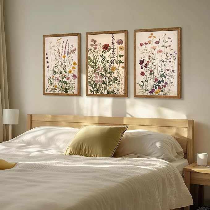 WRFON Botanical and Flower Canvas Wall Art, Framed Wildflower Wall Art Set of 3, Vintage Meadow Flower Canvas Prints, Cottagecore Floral Decor for Living Room Bedroom Bathroom Farmhouse Home, 16x24