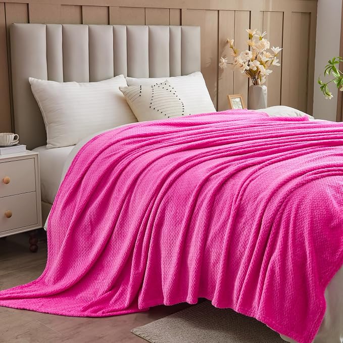 NEWCOSPLAY Fleece Leaves Pattern King Blanket, Hot Pink, 90"x110" | Super Soft Throw Blanket, Lightweight Cozy Bed Sofa Blanket, Premium Silky Flannel Fleece, Travel Blanket for All Season Use