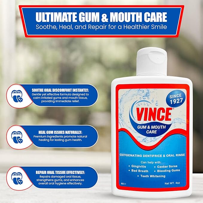 Vince Gum & Mouth Toothpaste Powder - Dentifrice & Mouthwash - Cavities - Gingivitis - Irritated, Bleeding & Receding Gums - Canker Sore - Bad Breath - Inflammation - Tonsil Stones - 4oz (Pack of 2)