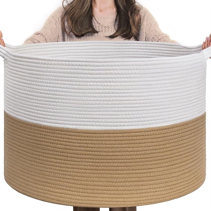 INDRESSME XXXLarge Woven Rope Blanket Basket Living Room, 90L | 21.7" x 13.8" Storage baskets for toys laundry & pillows. Fits living room, bedroom or nursery décor. Soft-touch with handles