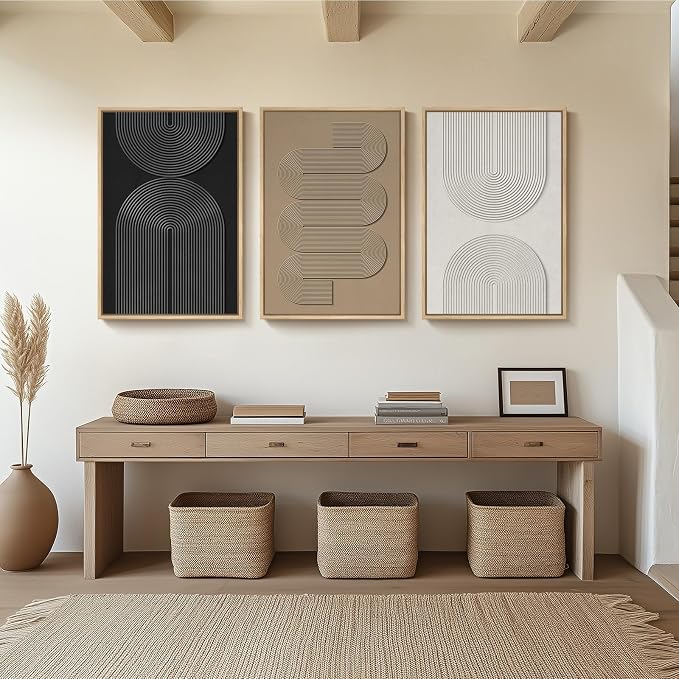 Large 3D Textured Framed Boho Modern Neutral Abstract Wall Art for Living Room, 3 Piece Black White Brown Paintings Artwork for Walls, Geometric Pictures for Office Bedroom Dining Room Decor, 24x36 In