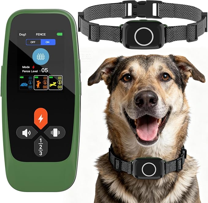 Fsitego Wireless Dog Fence System, 4‑in‑1 Electric Fence with Training Collar, Remote Control, Bark Control & Status Monitor, Waterproof Receiver for Medium & Large Dogs Outdoor Containment Vine 1