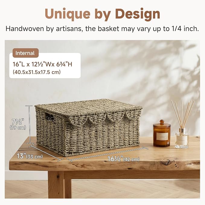 StorageWorks Scalloped Wicker Basket with Lid, Seagrass Storage Baskets | Rattan Storage Baskets with Scalloped Edge, Basket with Lid Decorative Storage, Woven Wicker Basket for Living Room, Bedroom