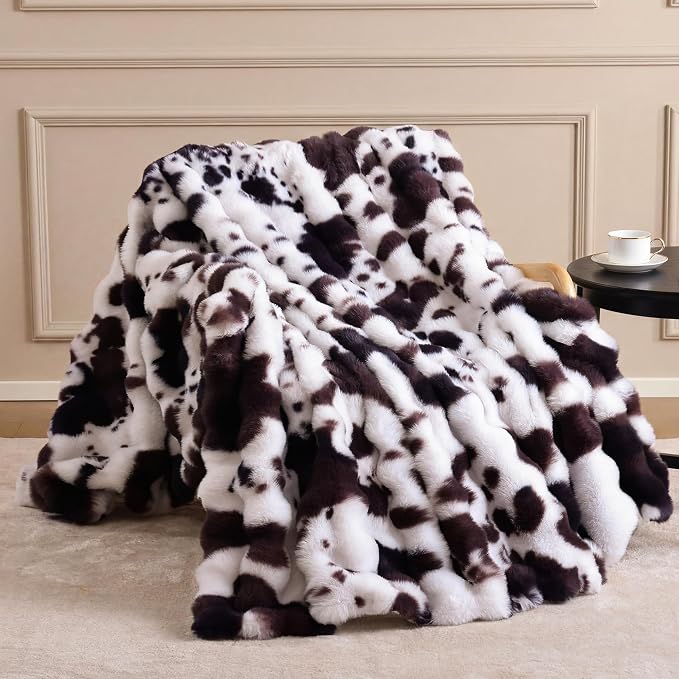 Faux Rabbit Fur Throw for Couch - Cow Brown Bubble Blanket 60"x80" | Fluffy Plush Fuzzy Throw for Sofa & Bed, Super Soft Cozy Comfrt Blanket, Luxury Aesthetic Cow Print Decor Gift for Women