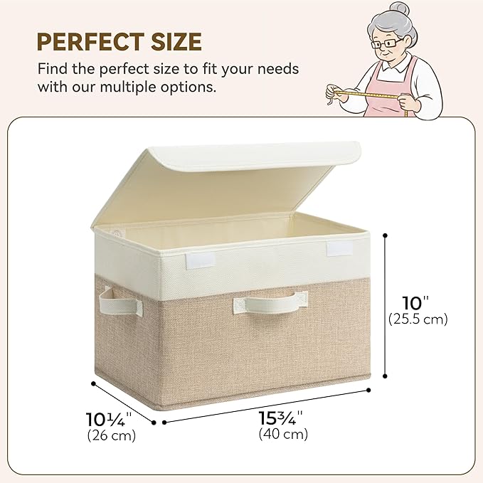 GRANNY SAYS Memory Keepsake Storage Box, Fabric Storage Bins with Lids | Flip-Top Lid, Collapsible, Stackable, 3 Handles, Ideal for Closet Clothes Blanket Toys, Large, Brown/White, 4-Pack