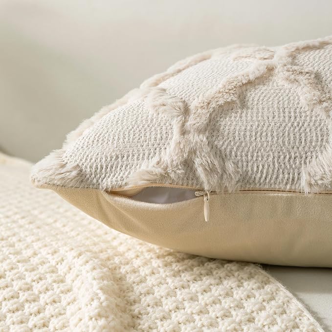 Set of 2 Beige Morrocan Decorative Pillow Covers 26x26 Inch Fluffy Boho Throw Pillow Covers for Bed Couch Sofa Living Room Soft Plush Cushion Cases